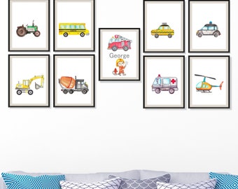Aquarel transportprintset: kinderkamerdecoratie, bouwkunst