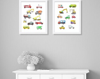 Fire Truck & Construction Nursery Wall Art Set of 2, Watercolor Vehicle Prints, Boys Room Decor, Transportation Art, Physical Prints