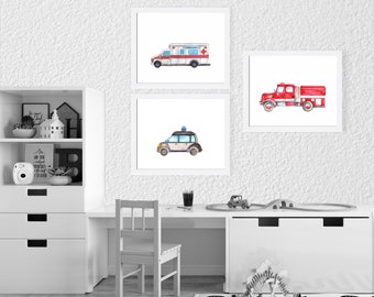 Fire Truck Nursery Print Set: Transportation Wall Art, Boy's Room Decor