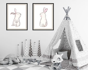 Bunny Nursery Art, Rabbit Wall Decor, Rabbit Watercolor Print, Bunny Rabbit Art Print, Animal Art, Children's Wall Art, Set of 2 Hare Prints