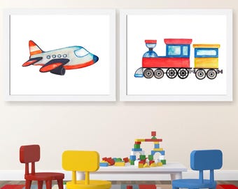 Transportation Nursery Art Prints, Train & Airplane, Set of 2