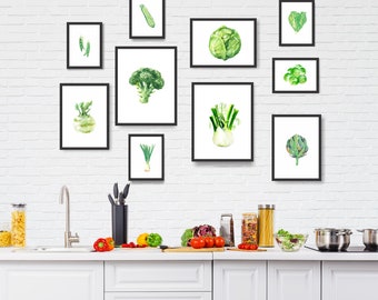 Vegetable Watercolor Art Prints: Green Kitchen Wall Decor, Set of 10