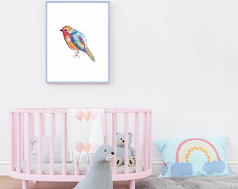 Watercolor Bird Print: Colorful Bird Wall Art, Nursery Decor