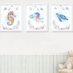 Set of 3 Sea Animal Prints, Under the Sea Animal, Nautical Ocean Animal Poster, Watercolor Ocean Animal, Ocean Nursery Print, Playroom Decor