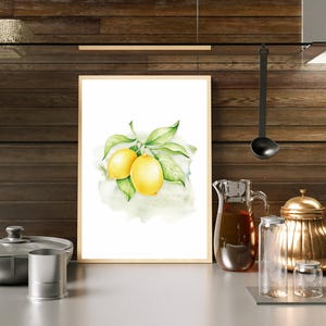 Impresión de limón en acuarela, arte mural de frutas cítricas, decoración del hogar en amarillo, ilustración botánica, arte mural de cocina, impresión artística de frutas, decoración de cocina