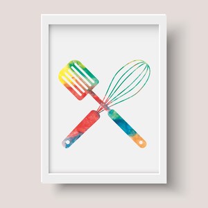 May include: A watercolor illustration of a spatula and whisk crossed over each other. The utensils are painted in shades of red, orange, yellow, green, blue, and purple.