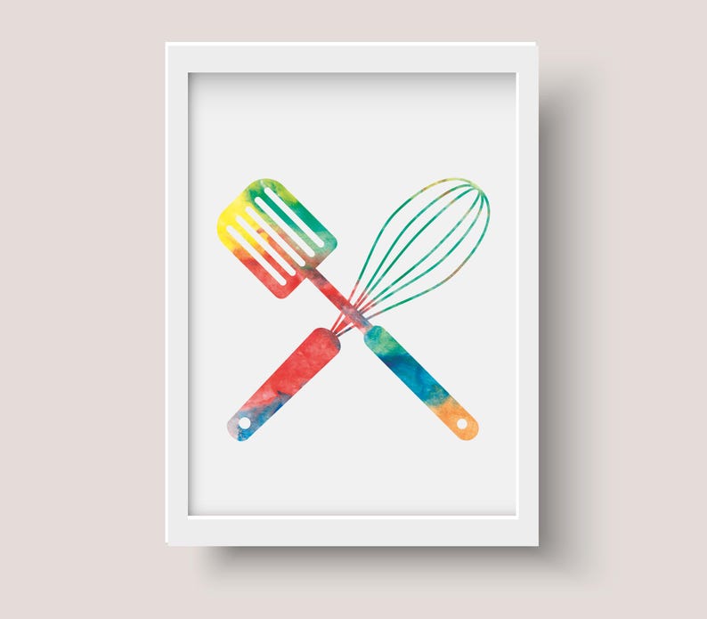 May include: A watercolor illustration of a spatula and whisk crossed over each other. The utensils are painted in shades of red, orange, yellow, green, blue, and purple.