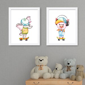 Decoración de la pared del vivero de elefantes y lechones, impresión de animales de dibujos animados, arte de la pared del elefante del cerdo lindo, pintura de la acuarela, decoración del dormitorio de los niños