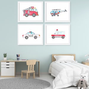 Rescue Vehicles Prints, Trucks Car Art, Transportation Nursery Theme, Nursery Poster, Boy Nursery, Kids Art, Nursery Decor, Set of 4 Prints image 1