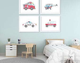 Rescue Vehicles Prints, Trucks Car Art, Transportation Nursery Theme, Nursery Poster, Boy Nursery, Kids Art, Nursery Decor, Set of 4 Prints