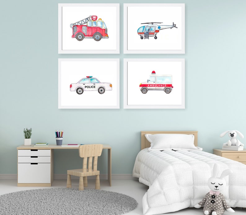Rescue Vehicles Prints, Trucks Car Art, Transportation Nursery Theme, Nursery Poster, Boy Nursery, Kids Art, Nursery Decor, Set of 4 Prints image 1