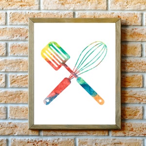 May include: A watercolor illustration of a spatula and whisk crossed over each other. The spatula and whisk are painted in shades of red, orange, yellow, green, and blue.