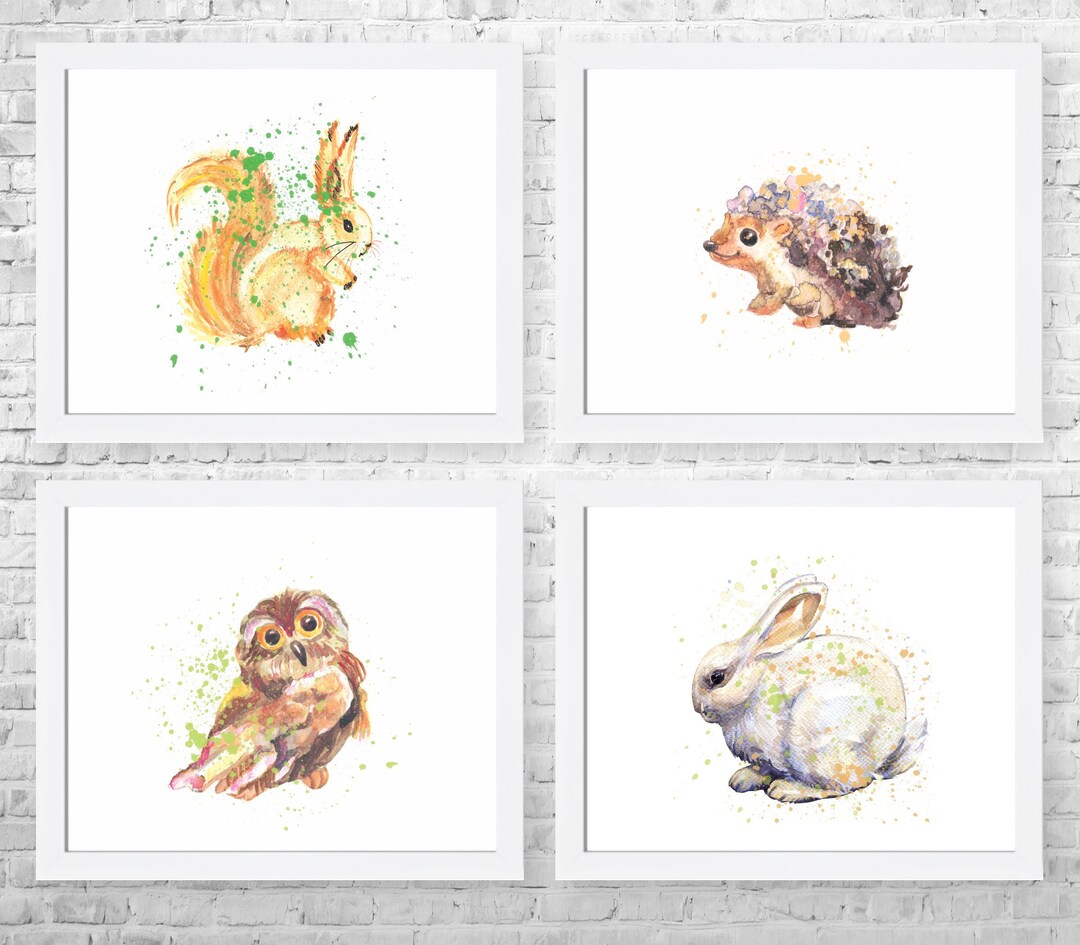 Renditions Gallery Watercolor Forest Animal Canvas Prints - Set Of 4, 12x12 Inches, Nursery Or Farmhouse Wall Art