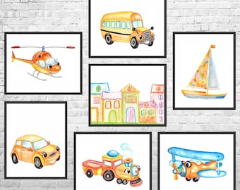 Transportation Nursery Art Prints: Airplane, Train, Car - Set of 7