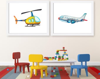 Airplane Helicopter Nursery Art: Transportation Prints, Set of 2