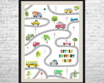 Aquarell Fahrzeuge Kunstdruck: Transport Kinderzimmer Dekor