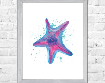 Starfish Watercolor Print, Colorful Watercolor Painting, Starfish Decor, Home Wall Decor, Coastal Beach Painting - W223