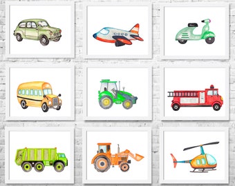 Construction Nursery Art Prints: Watercolor Trucks, Set of 9