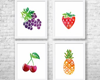 Fruit Watercolor Art Prints: Modern Kitchen Decor, Set of 4