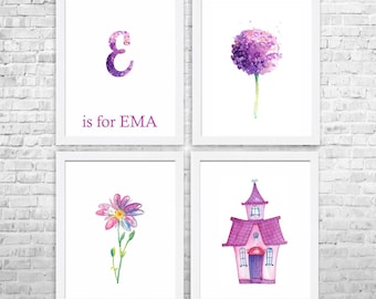 Personalized Girl Nursery Prints: Purple Watercolor Art, Set of 4