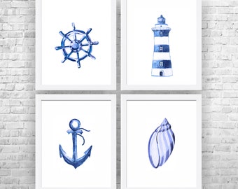 Nautical Nursery Art Prints: Sailboat, Anchor, Lighthouse Set