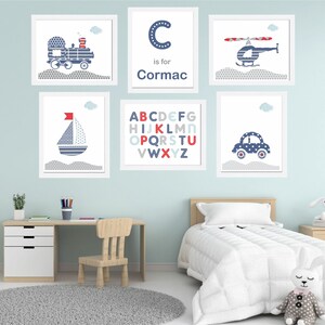 Transportkunst aan de muur, transportdecor, kunst kinderkamer jongen, kinderkamer transport, decor auto boot trein, speelkamer kunst, set van 6 prints