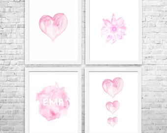 Pink Baby Girl Nursery Decor, Girl Room Decor, Personalized Nursery Prints, Nursery Art, Set of 4 Print, Flowers Wall Art, Pink Wall Art