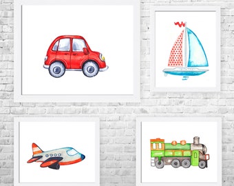 Transportation Nursery Decor, Transportation Art, Airplane Plane Train Boat Car, Nursery Wall Art, Kids Art, Nursery Decor, Set of 4 Prints