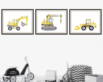 Construction Art Prints, Construction Theme Art, Transportation Nursery, Baby Boy Nursery, Kids Wall Art, Nursery Decor, Set of 3 Prints