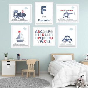 Transport muurkunst, transport decor, aangepaste naam jongen kunst, transport kinderkamer, auto boot trein decor, speelkamer kunst, set van 6 prints