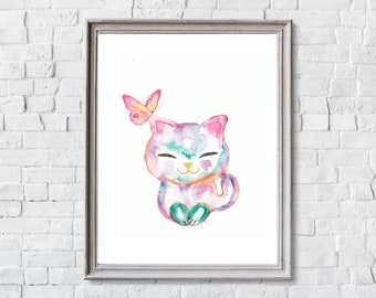 Colorful Cat Art Print - Whimsical Watercolor Painting