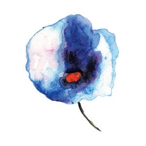 May include: A watercolor painting of a blue flower with a red center. The flower is painted in a loose, abstract style.