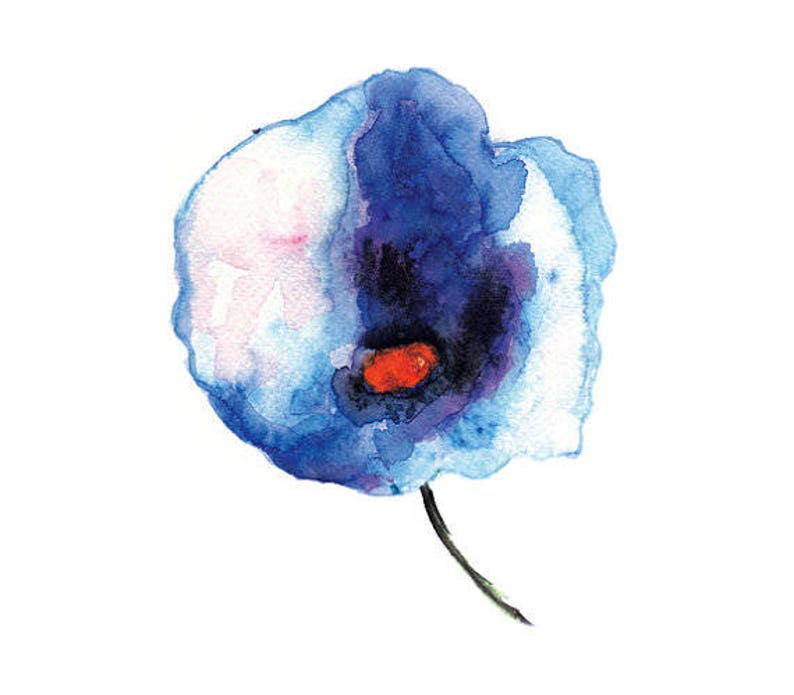 May include: A watercolor painting of a blue flower with a red center. The flower is painted in a loose, abstract style.