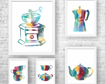 Watercolor Kitchen Art Prints: Coffee Theme, Set of 5