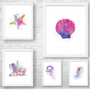 Nautical Wall Art, Jellyfish, Sea Shell, Octopus, Starfish Watercolor Print, Watercolor Illustration, Nursery decor, Set of 5 Prints