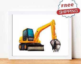 Excavator Truck Watercolor Print: Construction Nursery Art