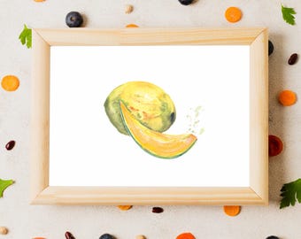 Cantaloupe Watercolor Painting: Kitchen Fruit Art Print