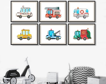 Rescue Vehicles Prints, Trucks Car Art, Transportation Decor, Nursery Poster, Baby Boy Nursery, Kids Art, Nursery Decor, Set of 6 Prints