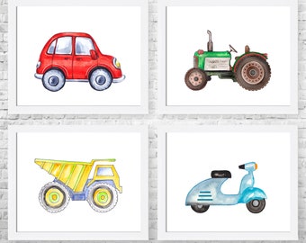 Transportation Nursery Art Prints, Baby Boy Room Decor, Set of 4