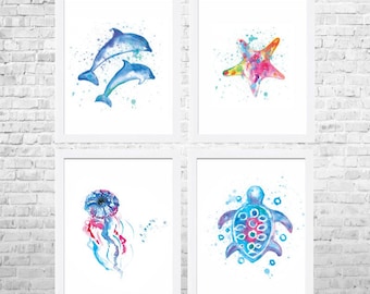 Jellyfish Sea Turtle Dolphins Starfish Watercolor Print, Watercolor Painting, Watercolor Art, Illustration, Nursery decor, Set of 4 Prints
