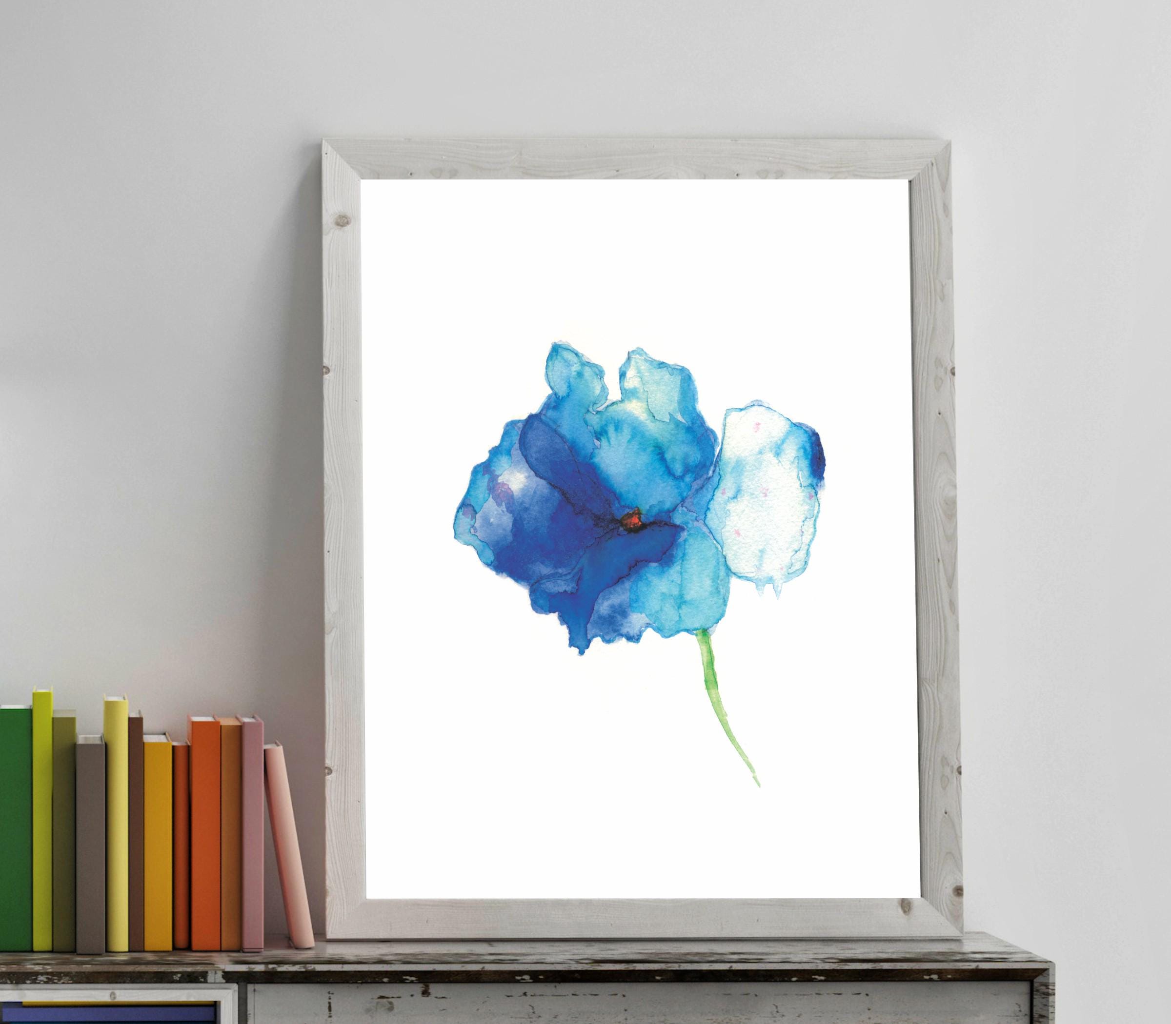 青い花のアートプリント：抽象的な水彩画 - Etsy 日本
