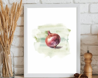 Stampa acquerello di cipolle: decorazione murale per la cucina, dipinto di verdure