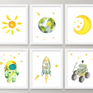 Set di 6 stampe per cameretta a tema spaziale, con sole, luna, stelle, razzi, astronauti e esploratori, decorazioni da parete spaziali, decorazioni per cameretta a tema spaziale, poster spaziali