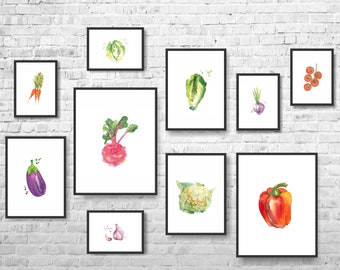 Kitchen Art Set, Kitchen Wall Art, Dining Room Decor, Kitchen Decor, Vegetable Watercolor Painting, Vegetable Art, Still Life, Set of 10