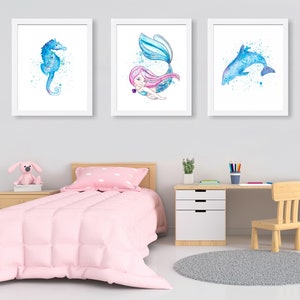 Kunstprints kinderkamer zeemeermin: aquarel zeedieren, set van 3