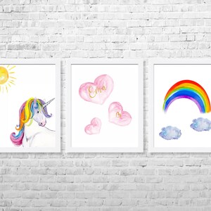 Impressions d&#39;art personnalisées licorne pour chambre d&#39;enfant : décoration aquarelle pour chambre d&#39;enfants (lot de 3)