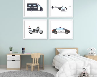 Police Print Set of 4-Boy Nursery Art-Transportation Wall Art-Transportation Art-Transportation Room Decor-Police Bundle-Kids Wall Decor