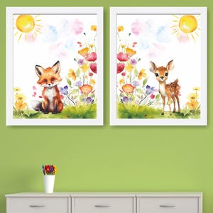 Woodland Animal Prints Set of 2, Watercolor Deer Fox Print, Forest Animal Nursery Decor, Animals Nursery Wall Art, Children&#39;s Art