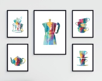 Kaffee Kunstdrucke: Aquarell Küche Wand Dekor, 5er Set