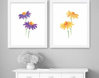 Watercolor Art Prints Set of Flowers, Colorful Wall Art, Home Decor, Watercolor Prints, Yellow, Purple, Nursery Wall Art